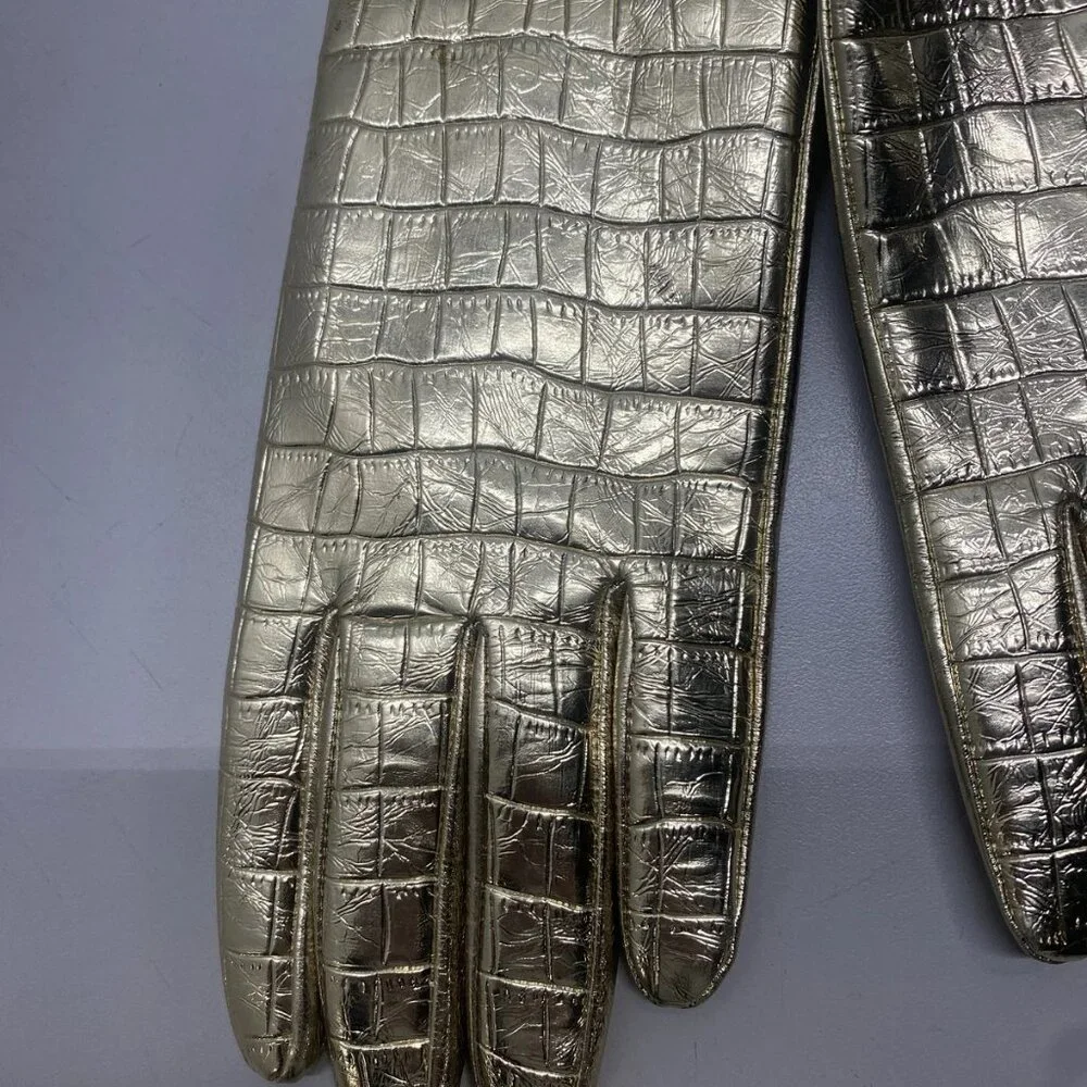 Michael Kors Women's Metallic Crocodile Embossed Leather Gloves – Size M – Gold